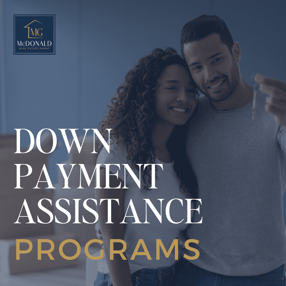 Picture of woman and man holding key with boxes in the back and text overlay that says "down payment assistance programs"